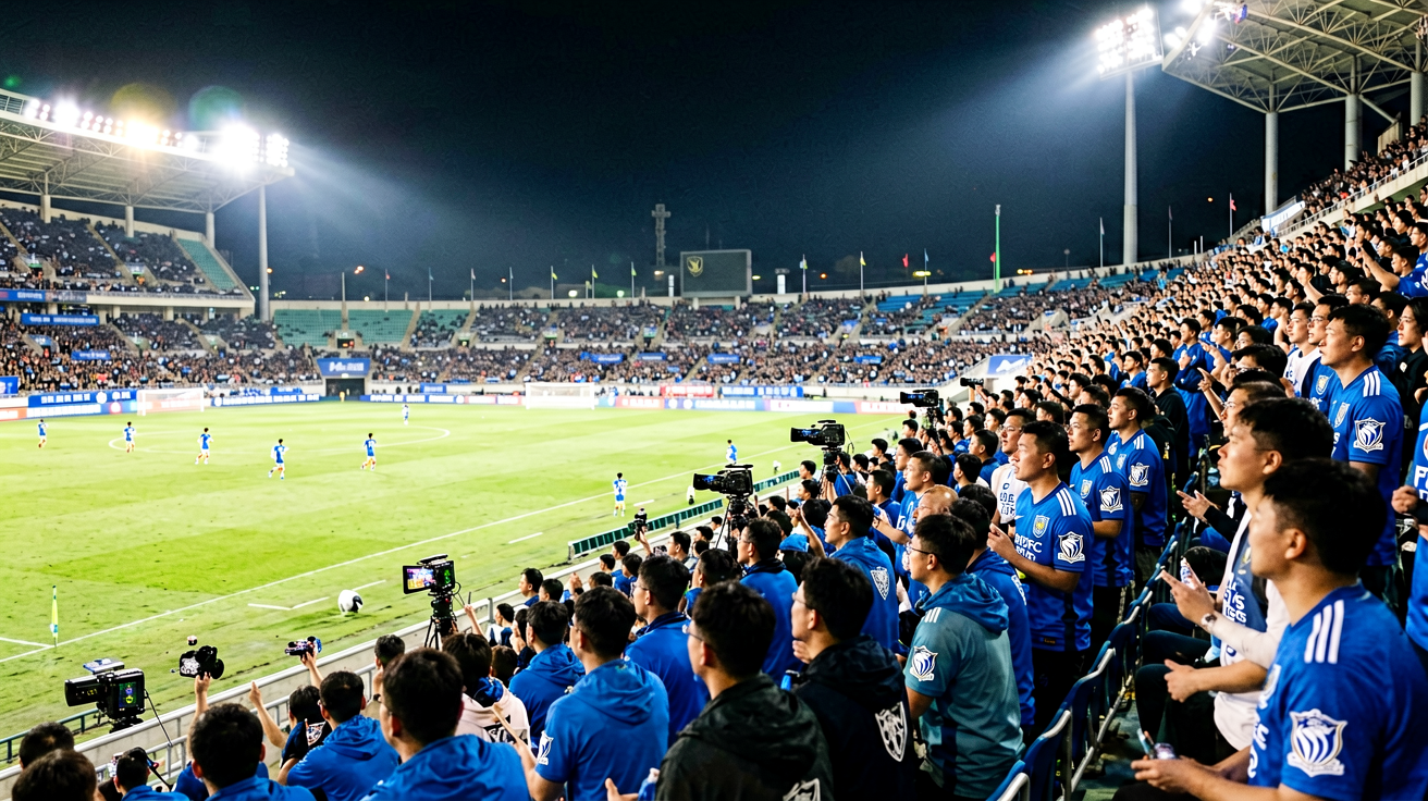 夜间足球赛事现场与看台观众